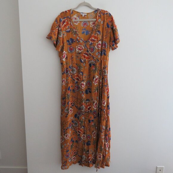 PATRONS OF PEACE Floral Crepe Faux Wrap Maxi Dress in Burnt Orange Boho Size L - Picture 2 of 16